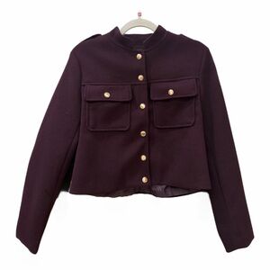 Cropped Military-Style Coat - Maroon with Gold Button Detail